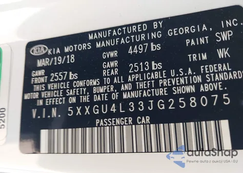 2018 Kia Optima Ex из США, поврежденный, VIN 5XXGU4L33JG258075